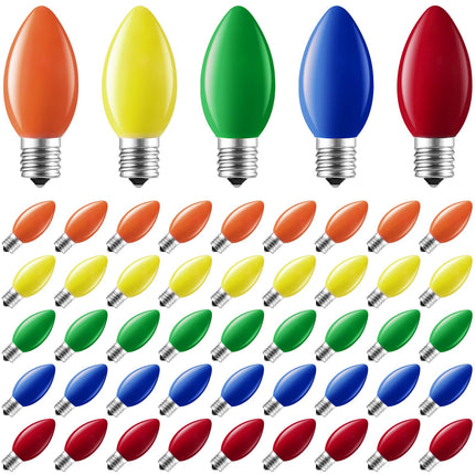 Minetom 50 Pack Multicolor C9 LED Christmas Light Bulbs, Colored Plastic C9 Shatterproof LED Bulbs Replacement for Christmas String Lights, E17 Intermediate Base, Commercial Dimmable Holiday Bulbs