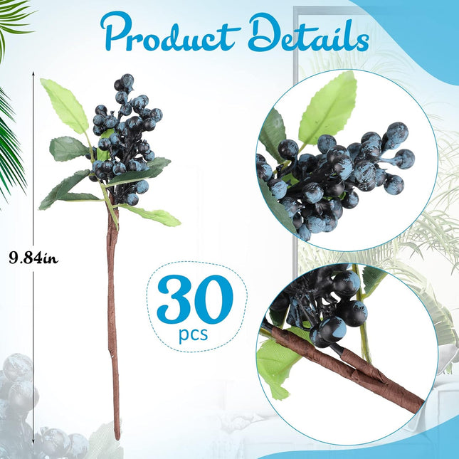 Yunsailing 30 Pcs Artificial Blue Berry Stems Bulk, 9.8 Inch Faux Berry Picks with Green Leaves, Fake Short Branch Fruit Flower for Christmas Tree Garland Home Wedding DIY Party Decoration(Blue)