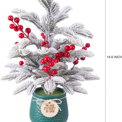 Small Christmas Tree Artificial Mini Tabletop Christmas Tree for Xmas Decor, Pine Greenery with Snow Red Berry Holiday Ornaments Indoor, for Friends Family