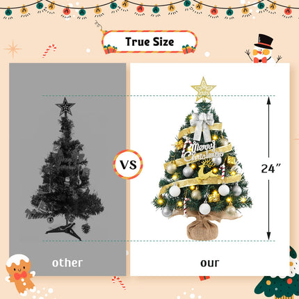 Mini Christmas Tree with 40 LED String Lights 24In/2FT Small Artificial Christmas Tree with 8 Modes Tabletop Fireplace Mantel Table Christmas Decorations Home Indoor Decor