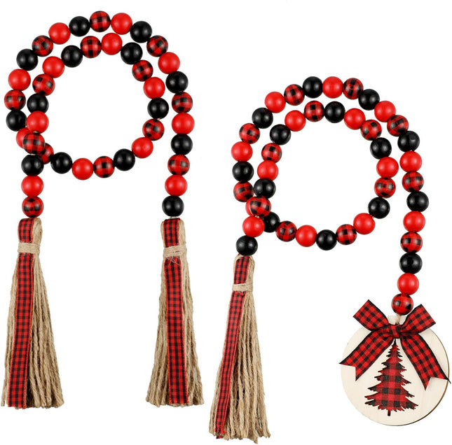 Wooden Bead Christmas Garland 2 Pieces Buffalo Plaid Tassel Bead Garland Decor Vintage Tassel Ornaments Vintage Farmhouse Garland Rustic Tier Tray Decor for Wall Hanging Home (Black and Red)