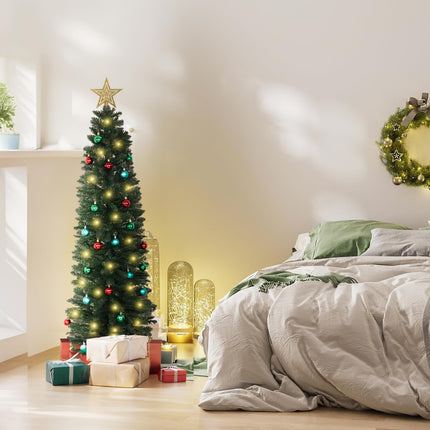 XmasExp Green Skinny Pencil Christmas Tree, 5ft Artificial Slim Thin Christmas Tree with Warm LED Lights String 8 Lighting Modes and Christmas Ball Onaments