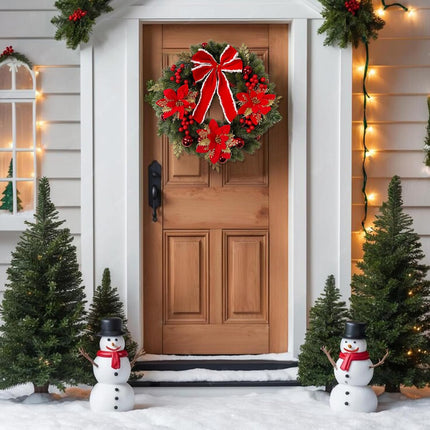 18Inch Christmas Wreath,Lighted Christmas Garland with Pine Needles Poinsettia for Home Indoor Outdoor Christmas Decorations Wreaths for Front Door Window Wall