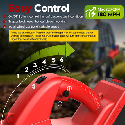 Electric Leaf Blower Cordless 21V, 320 CFM 180 MPH Battery Powered Leaf Blower with 4000mAh Battery and Charger, 2 Section Tubes, 6-Speed Dial Control Leaf Blowers for Lawn Care, Snow, Debris, Dust