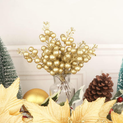 24 Pack Glitter Gold Berry Stems,Artificial Glitter Gold Berry Picks Holly Red Berries Branches Christmas Berry Stem Picks for Christmas Tree Wedding Holiday Season Winter Home Decoration(19 CM )