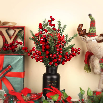 24 Pcs Christmas Tree Decorations, Christmas Ornaments Artificial Red Berry Stems, 8.9 inch Christmas Picks with Faux Holly Berries for Xmas Garland Wreath DIY Craft Decoration Holiday Home Decor(Red)