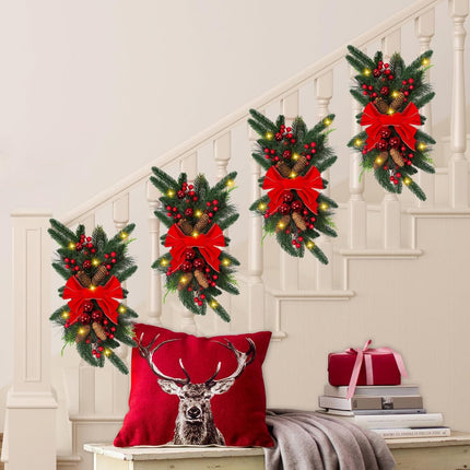 2Pack Christmas Swags Cordless Prelit Stairway Teardrop Swag Wreath Staircase Garland Christmas Decorations for Home Outdoor Garden(About 24In)