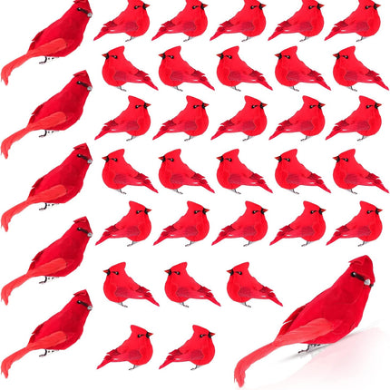 Set of 36 Cardinal Bird with Clip Handmade Christmas Artificial Birds Clip Ornaments Fake Tree Birds Artificial Birds for Christmas Tree Outdoor Wreaths Crafts, 2'', 4'', 6''(Red)