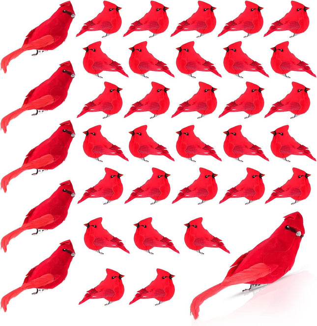 Set of 36 Cardinal Bird with Clip Handmade Christmas Artificial Birds Clip Ornaments Fake Tree Birds Artificial Birds for Christmas Tree Outdoor Wreaths Crafts, 2'', 4'', 6''(Red)
