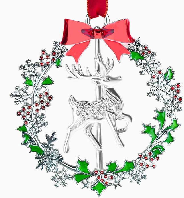 Christmas Ornament with Metal Christmas Wreath,Funny Holiday Xmas Keepsake Pendant,Shiny Silver Christmas Deer Ornaments Decorated with Snowflakes,Holiday Decorative s for Family Friends