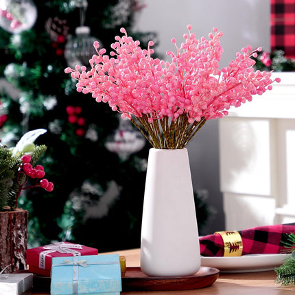 24 Pack Christmas Berry Stems 14 Inch Artificial Berry Picks Xmas Holly Berry Stem Branches for Christmas Tree Ornament Wreath Vase DIY Craft Christmas Home Decor(Pink)