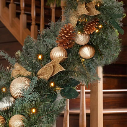 9ft Pre Lit Garland Christmas with Ornaments and 50 Led Lights, Lighted Gold Christmas Garlands for Table Fireplace Stairs Railing Indoor Outdoor Xmas Holiday Garland Battery Operated