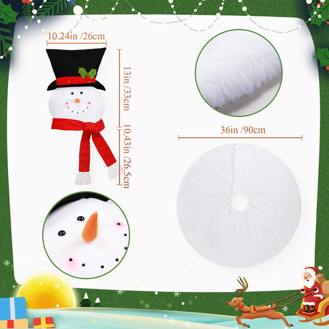 Christmas Snowman Tree Topper and Christmas Tree Plush Skirt 36 Inches Faux Fur White Tree Skirt Snowman Treetop Decor Snowman Hat for Christmas Holiday Winter Party Supplies Decoration