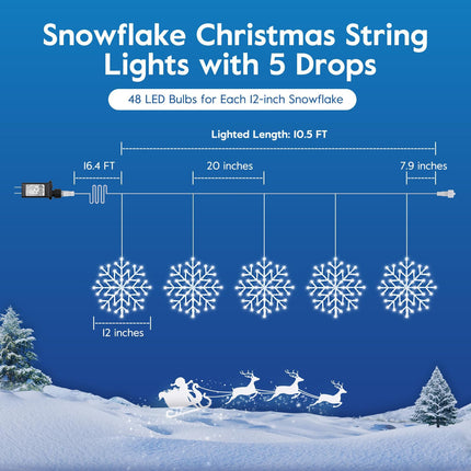 Christmas Snowflake Icicle Lights Outdoor - Plug-in 10.5ft 5 Drops 240LED Snowflake Window Lights with 8 Modes, Hanging Lights for Indoor Outdoor Porch Eaves Rooftops Pergola Canopy Christmas Decor