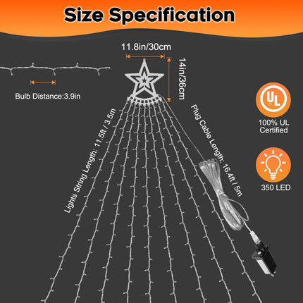 Christmas Decorations Star String Lights, 350 LED 12.6ft Outdoor Christmas Tree Lights with Topper Star, 8 Lighting Modes & Timer Waterproof Fairy Twinkle Lights for Xmas Year Party Holiday