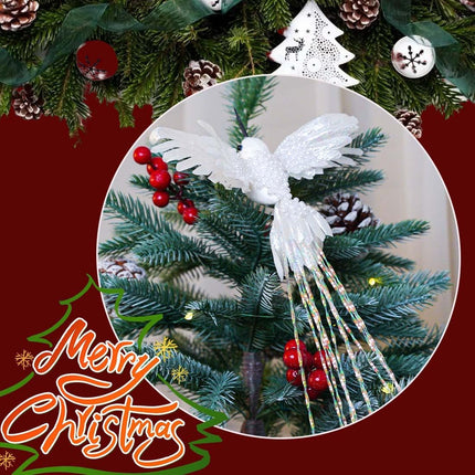 2 Pack Christmas Tree Ornaments Set White Silver Artificial Glitter Birds for Xmas Tree Garland Wreath Decoration for Home Holiday Wedding Party Decor 16.5 inch Bird Long Tail