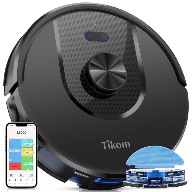 Tikom Robot Vacuum And Mop, L8000 Laser Lidar Navigation Robotic Vacuum, 3000Pa Suction, 150Mins Max, 45Db, 14 Nogo Zones, 20 Virtual Walls, Selfcharging, Good For Pet Hair, Carpet, Hard Floor