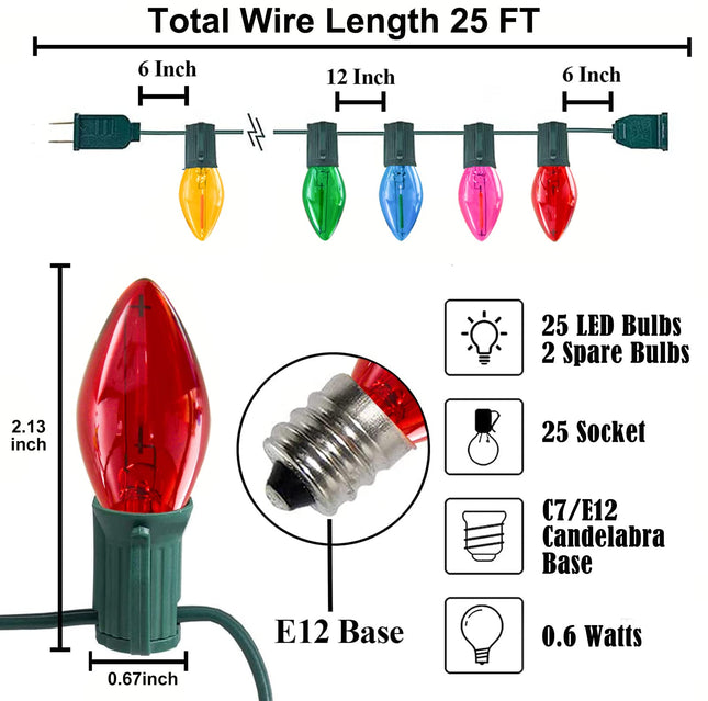 C7 LED Christmas Lights, 25Ft C7 Multicolor Christmas String Lights with 27 Clear Multicolor Bulbs, C7 LED String Lights for Christmas Tree Decor Patio, 0.6 Watt E12 Candelabra Base
