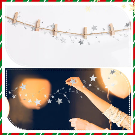 Jutom Glitter Star Garland Banner Christmas Party Decoration Sparkling Bunting Sliver Banner Hanging Decoration Wall Decor 72 Inch for Birthday Wedding Christmas Party Supplies Ladder Dress Up