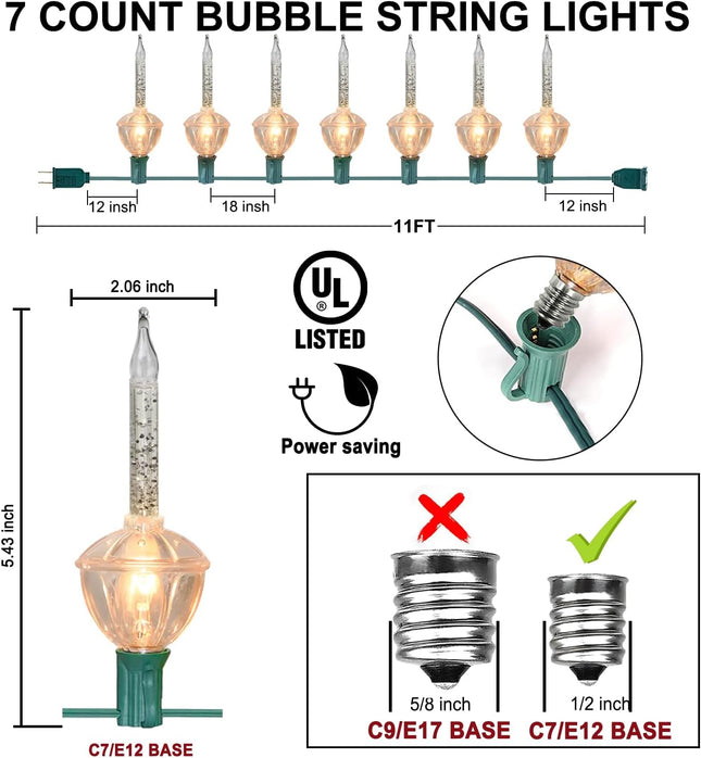 Christmas Bubble Lights,11 Ft Vintage Bubble Light String Set, 8 Bubble Fluids with Sliver Glitter (Plus 1 Spare Bulbs) C7/E12 Candelabra Base UL-Listed for Holiday Christmas Lighting Green Wire