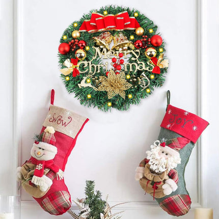 12inch Christmas Wreath with LED Light String, Luminous Wall Mount Door Wreath, Celebrating Holiday Merry Christmas Decoration for Outdoor Indoor Party Table Room