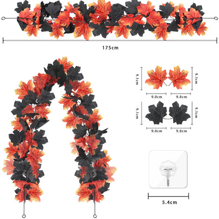 3 Pack Fall Maple Leaves Garland,5.7ft/Piece Artificial Maple Leaf Garland,Red&Black Autumn Hanging Fall Vines with 6PCS Adhesive Hooks for Halloween Thanksgiving Fireplace Indoor Outdoor Decor