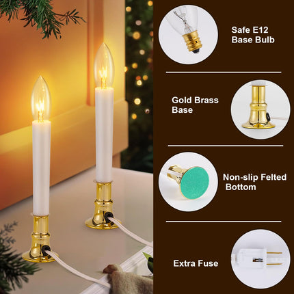 TOBUSA 4 Pack Christmas Electric Window Candle Lights, Dusk to Dawn Candle Lamps with Brass Base, 9in Plug in Candle Lights with 7W E12 Base Incandescent Bulbs for Windows, Home, Party Decor