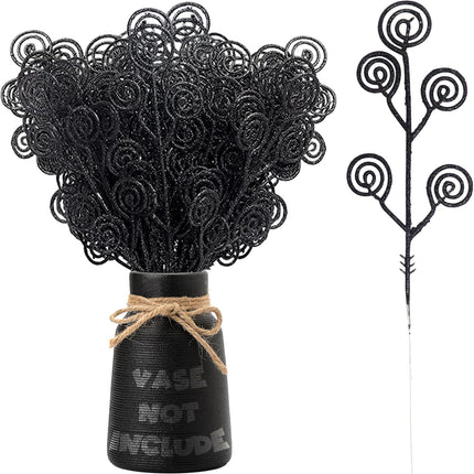 Curly Tree Picks and Sprays Twigs Glitter Stem, 36 PCS Artificial Stem Picks Ornaments 12 Inch Decorative Candy Shape Sticks for Wedding Party Home Decor Vase Fillers(Black)
