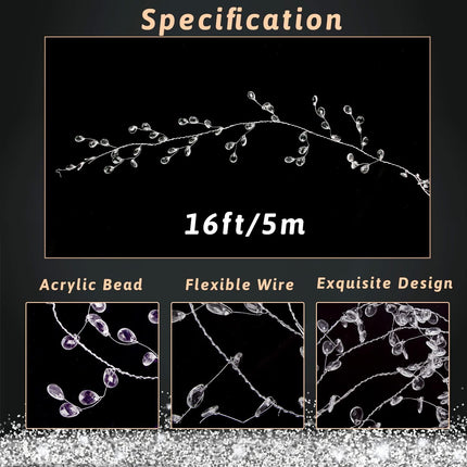 FOIMAS 16ft Clear Acrylic Wire Bead Garland Strand Ice Faux Crystal Bead String Garland for Christmas Tree Craft Wedding Birthday Party Decoration