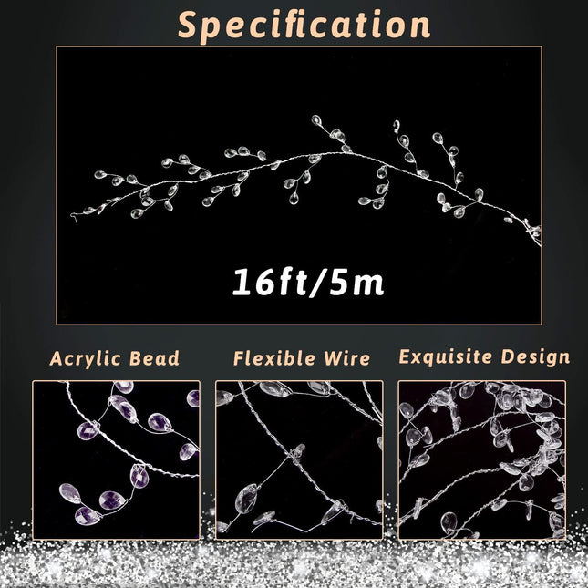 FOIMAS 16ft Clear Acrylic Wire Bead Garland Strand Ice Faux Crystal Bead String Garland for Christmas Tree Craft Wedding Birthday Party Decoration