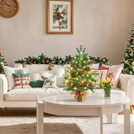 Tabletop Small Christmas Tree 22 Inch Mini Artificial Christmas Tree with 50 Warm White Lights (8 Modes), Include Pinecones and Red Berries,Mini Xmas Trees for Christmas Decorations Indoor Home Decor