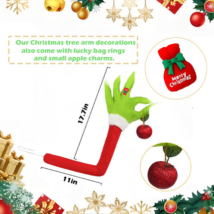 Christmas Elf Body Tree Decorations, Christmas Tree Arm, Christmas Green Monster Stole Xmas Tree Topper, Furry Green Christmas Elf Arms With Fingers That Can Be Bent At Will,Christmas Tree Decorations