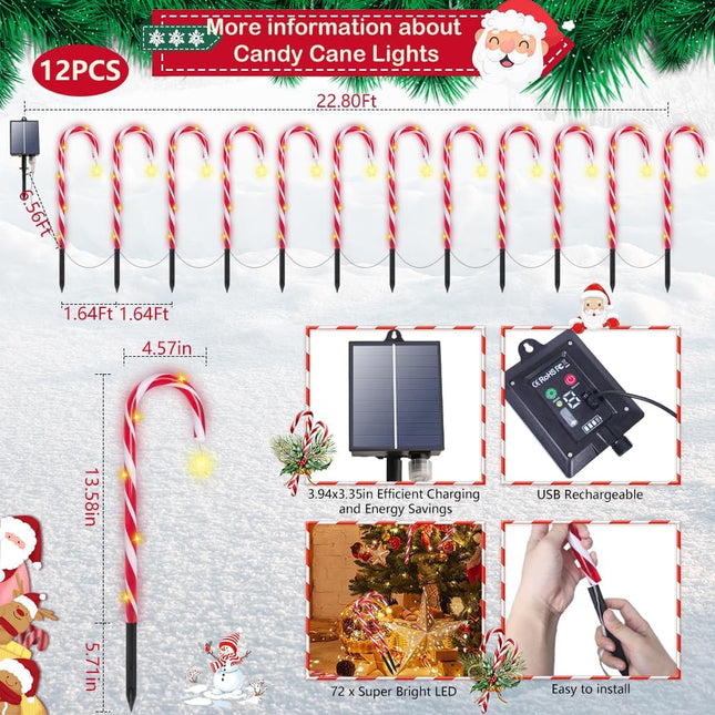 Candy Cane Christmas Lights, 12 Pack Waterproof Christmas Solar Candy Cane Lights with 8 Modes and Timer, 1200mah Solar Candy Cane Lights Outdoor Decorations for Pathway, Yard, Patio, Garden