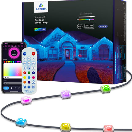 Permanent Outdoor Lights 65.6ft, Smart RGB+IC LED Eaves Lights with 100 LEDs, IP65 Waterproof Outdoor LED Lights for Party, Roof, Garden, Game Day, Work with Alexa, Google Assistant