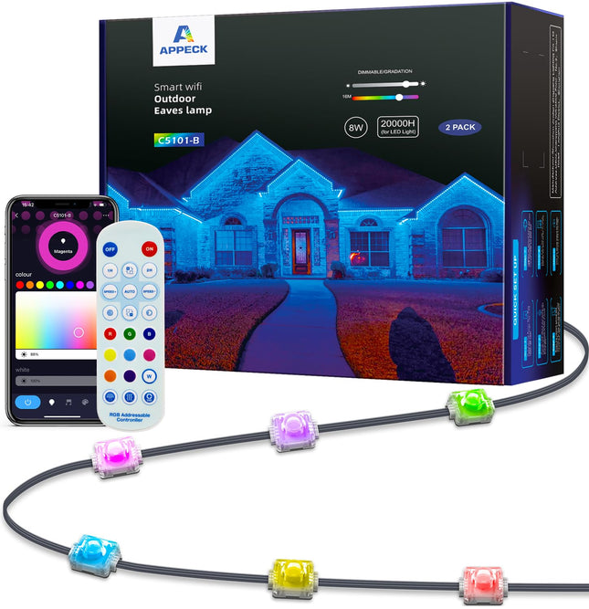 Permanent Outdoor Lights 65.6ft, Smart RGB+IC LED Eaves Lights with 100 LEDs, IP65 Waterproof Outdoor LED Lights for Party, Roof, Garden, Game Day, Work with Alexa, Google Assistant