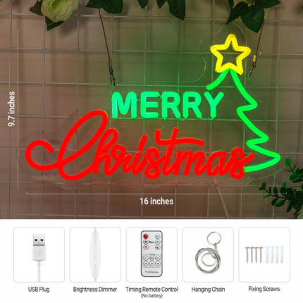 Christmas Neon Sign for Christmas Decor, Merry Christmas LED Sign with Timer Remote Control, Dimmable Merry Christmas Light Up Neon Light for Party Bedroom Business Shop Bar Pub Club Wall Decor Xmas