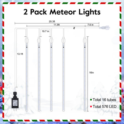 Minetom Meteor Shower Lights Outdoor, 16 Inch 2 Pack Total 16 Tubes 576 LED Icicle Lights, Waterproof Meteor Christmas Lights Outdoor, Falling Rain Lights for Tree Holiday Christmas Decoration, White