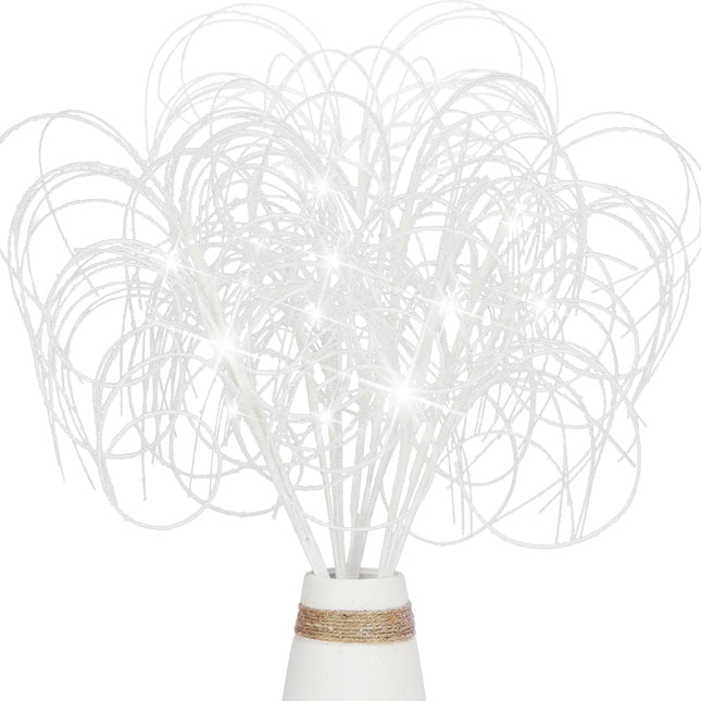 4PCS Glitter Christmas Picks Curly Sprays 20" Artificial Wispy Willow Ting Branches Glittery Twigs Stems Ornaments for Xmas Tree Topper Filler Home Garden Vase DIY Garland Wreath Decor (4, White)
