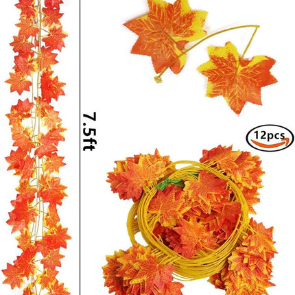 Fall Garland Maple Leaf, Hanging Vine Garland Artificial Autumn Foliage Garland Thanksgiving Decor for Home Wedding Fireplace Party Christmas (Maple/12 Strands)