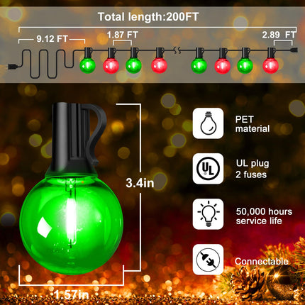 KNO 200Ft LED Christmas String Lights Outdoor, 100 Red and Green G40 Globe Bulbs Waterproof Shatterproof Hanging Light for Christmas Carnival Party Decoration