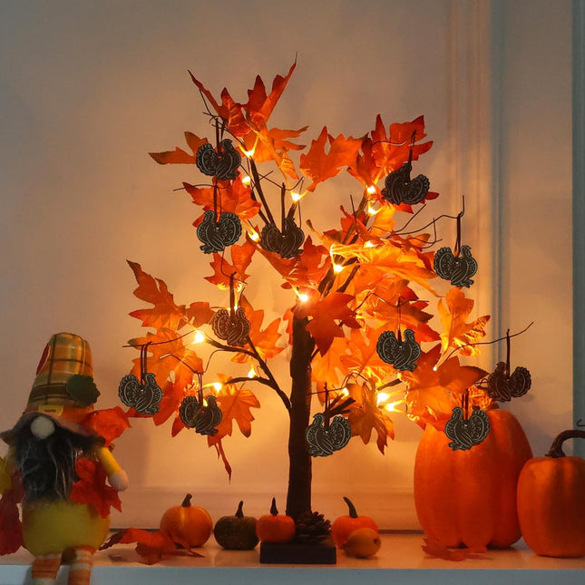 Thanksgiving Decorations, 24IN 24LT Lighted Fall Maple Leaves Tree Fall Decor, 2FT Brown Battery Powered Timer Autumn Trees Decorations with 12 Wood Turkey Ornaments for Home, Holiday