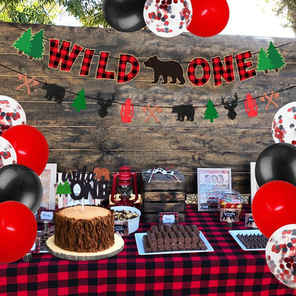 Wild 1st One Birthday Decorations Pack - Buffalo Plaid Christmas Winter Bear Woodland Camping Hunting Lumberjack-Themed Baby Shower Bday Party Supplies Includes Glitter Cake Topper Banner and Balloons