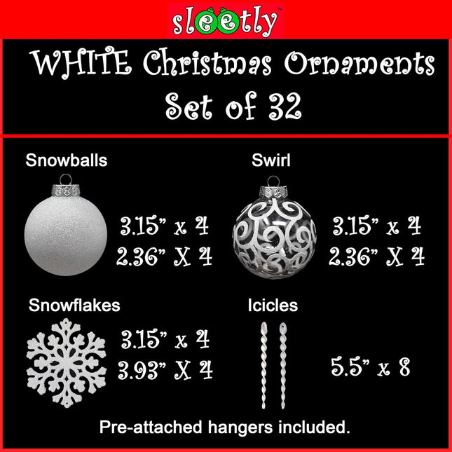 SLEETLY 32pk Christmas Ornaments for Tree Holiday Xmas Decorations, Shatterproof Plastic 3.15/2.36 Inch Glitter Balls, Icicles and Snowflakes Set, White