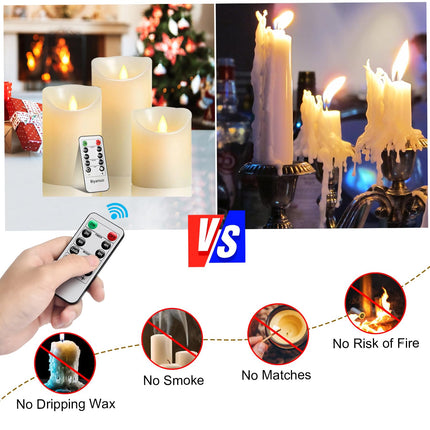 Flameless Battery Operated LED Candles with10key Button Remote Control 24-Hour Timer Set of 3 Electric Flickering Pillar Real Wax，Wedding, Party, Christmas and Home Decoration