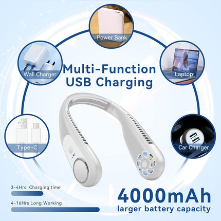 Bladeless Neck Fan,Portable Personal Fan,Hands Free 3 Speeds Adjustment,4000Mah Battery Operated Rechargeable Wearable Fan