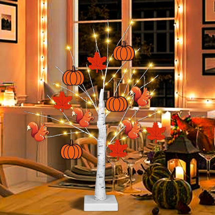 [Timer] Thanksgiving Birch Tree Lights, 24" Lighted Birch Tree with 24 PCS Fall & Thanksgiving Hanging Ornaments, Battery Operated BirchTree Fall Thanksgiving Decorations Indoor Table Bedroom Home
