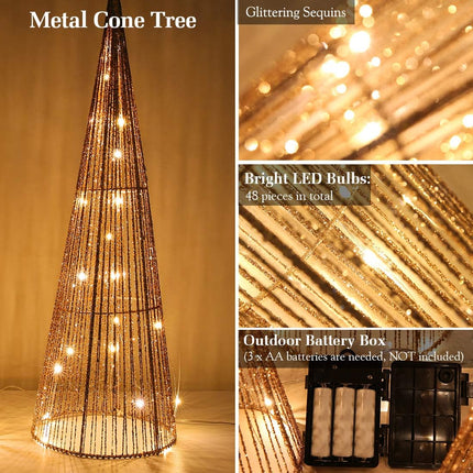 Lewondr Christmas Cone Trees, Set of 3 Christmas Tree with Lights and Glitters(24"/18"/12"), Battery Powered Decorative Straightened Thread Christmas Tree for Home Holiday Xmas Décor, Champagne Gold