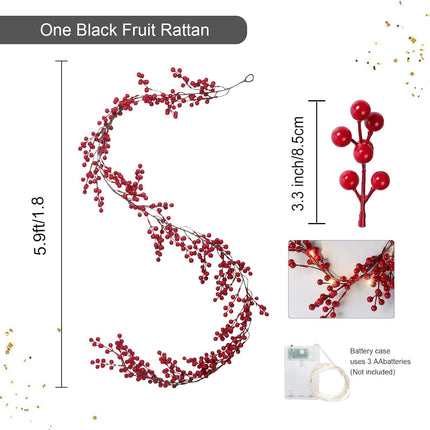 RECUTMS Artificial Berry Christmas Garland Faux Fireplace Garland Fake Hanging Garland with 30 LED Fairy String Lights Indoor Outdoor Wedding Arch Home Garden Party Fireplace Wall Decor (Red)