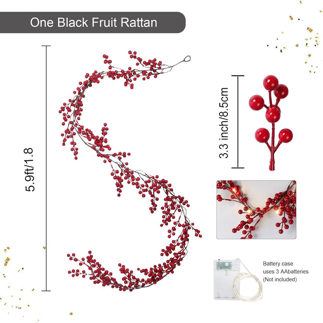 RECUTMS Artificial Berry Christmas Garland Faux Fireplace Garland Fake Hanging Garland with 30 LED Fairy String Lights Indoor Outdoor Wedding Arch Home Garden Party Fireplace Wall Decor (Red)