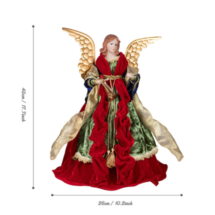 KI Store Angel Christmas Tree Topper 18-Inch Red Gold Green Angel Figurines Treetop Unlit for Christmas Decoration